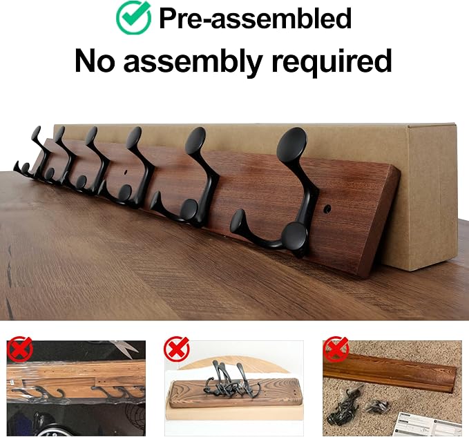 WEBI Coat Rack Wall Mount,36" Solid Wood Coat Hooks Wall Mounted Coat Hanger,16" Hole to Hole,Heavy Duty 6 Triple Hooks for Hanging Coats,Jacket,Hat,Backpack,Farmhouse,Reddish Brown,2 Packs
