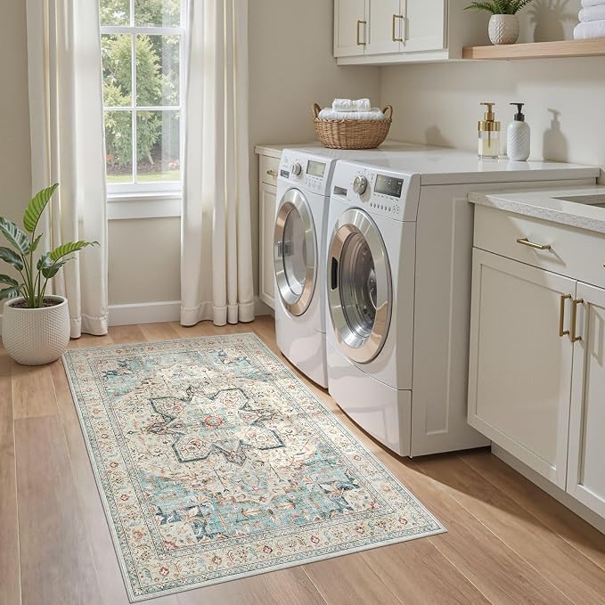 Tortania Area Rug Living Room Rugs - 3x5 Washable Rug Vintage Oriental Distressed Farmhouse Small Thin Indoor Carpet for Living Room Bedroom Under Dining Table Home Office - Aqua Multi
