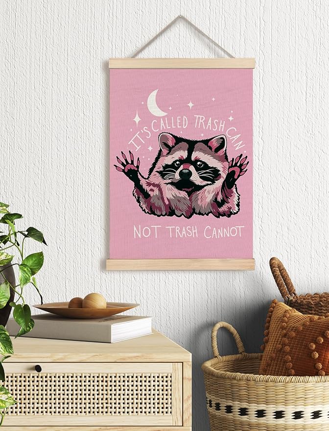 Foritho Funny Motivational Raccoon Meme Poster Wall Art Framed for Office Dorm Home, Sarcastic Work Trash Panda Office Canvas Prints Wall Decor for Coworkers Women Men, 12x16 Inch - Pink
