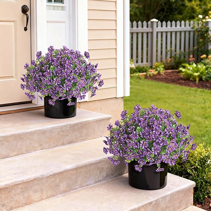 Artificial Morning Glory & Eucalyptus Topiary Trees - Set of 2 Faux Silk Flower Potted Plants, UV-Resistant Fake Outdoor Morning Glory Bushes for Front Door, Yard, Farmhouse, Garden Decor (Purple)