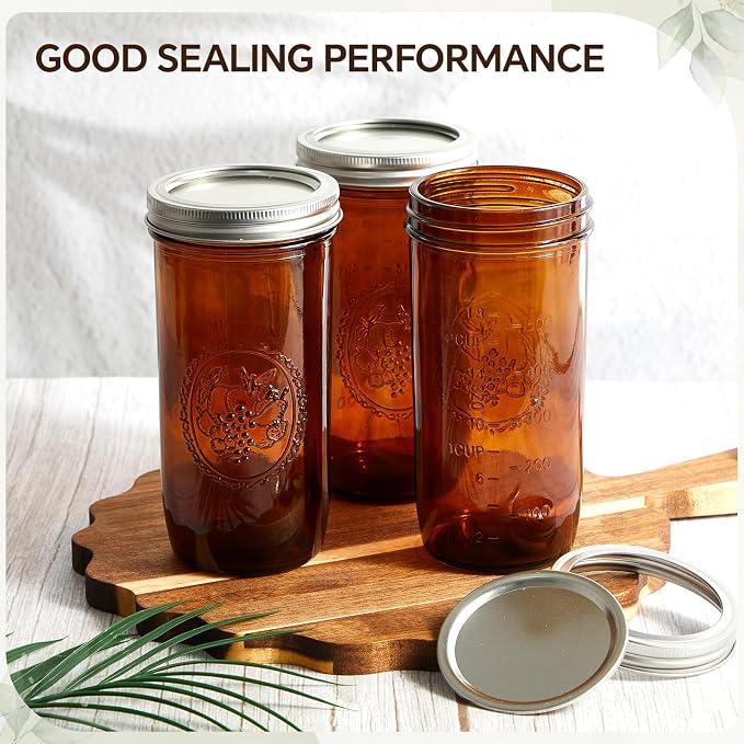 Norme 8 Pieces Amber Mason Jars 24 oz Amber Glass Mason Jar with Airtight Lids Canning Apothecary for Pickle Fermenting Canning Freezing Beverages Preserving