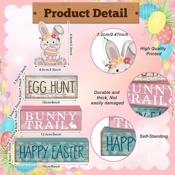 Lineshading 4 Pcs Easter Bunny Table Decor Wooden Pastel Bunny - 3-tier Wooden Tabletop Sign with 3D Floral Rabbit & Egg, Rustic Farmhouse Decorations for Home Easter Egg Hunt Party Centerpiece Gift