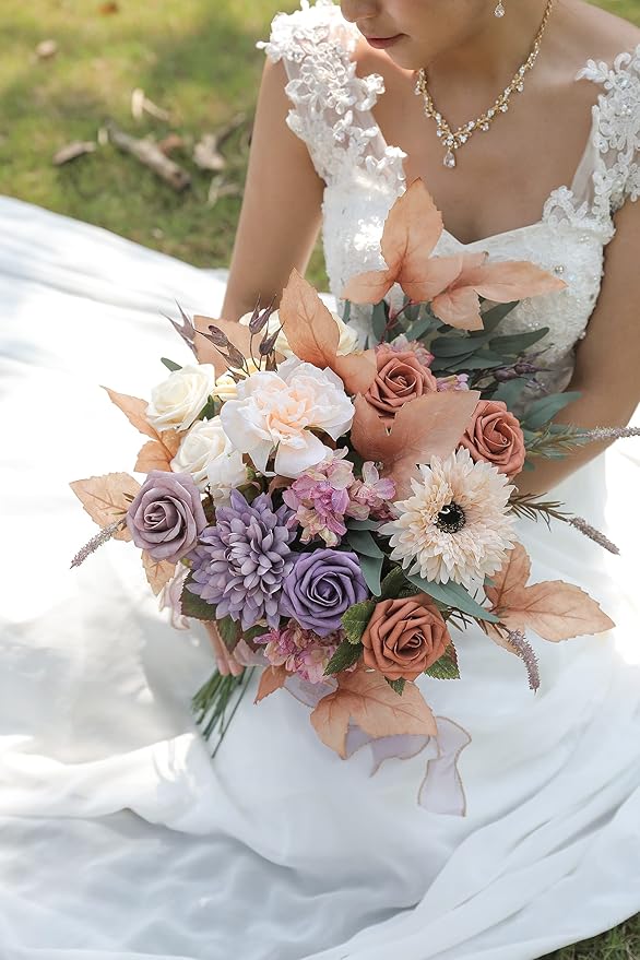 rongflower Artificial Flowers Combo Set Fake Flower Leaf Box with Stems for DIY Wedding Bouquets Centerpieces Flower Arrangements Decorations Baby Shower Party Home Decorations Champagne Purple