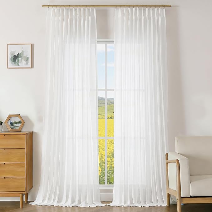 Vision Home White Pinch Pleated Sheer Curtains 102 Inches Soft Cotton Like Modern Light Filtering Drapes,Window Treatment Panels with Hooks Back Tab for Living Room Bedroom, 60" Wx102 Lx2