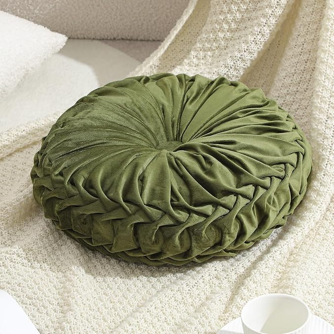 Drydiet 1 Pcs Round Throw Velvet Pillows Decorative Pleated Throw Pillows Diameter Accent Pumpkin Boho Chair Cushion for Couch Sofa Home Decoration (Dark Olive Green,15'')
