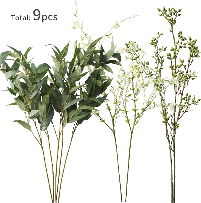 MISSPIN Artificial Flowers with Greenery Stems Faux Plants Indoor Branches for Tall Vase Ultra-Realistic, 9 Pcs Wedding Centerpieces, Home Decor & DIY Bouquets