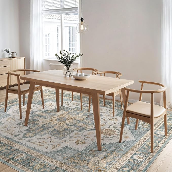 Tortania Area Rug Living Room Rugs - 9x12 Washable Boho Rug Vintage Oriental Distressed Farmhouse Large Thin Indoor Carpet for Living Room Bedroom Under Dining Table Home Office - Muted Teal