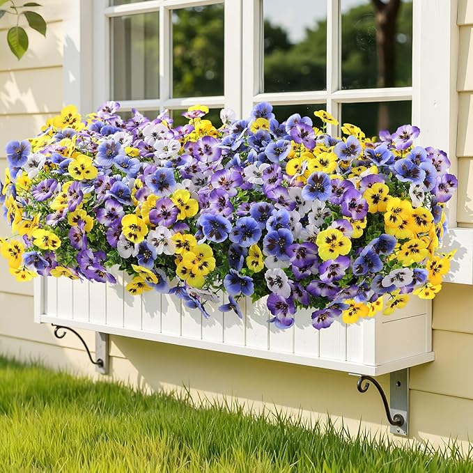 Alupssuc 24 Bundles Artificial Flowers for Outdoors, Fake Spring Flowers for Decoration, UV Resistant Realistic Pansies with Eucalyptus Silk Faux Flowers for Porch Patio Yard, 4 Mix Colors