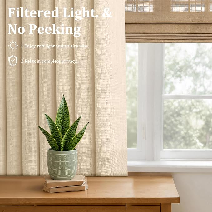 Pinch Pleated Linen Curtains 102 Inch, 2 Panels Premium 400GSM Memory Trained Semi Sheer Light Filtering Window Drapes for Living Room Bedroom Dining, Back Tab & Adjustable Hooks Rings, Light Oatmeal