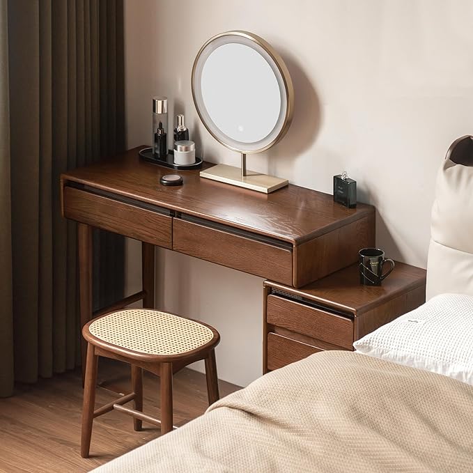 54" Extendable Vanity Desk, Solid Oak Wood Makeup Table with Adjustable Storage, Dressing Table for Bedroom, Study Desk for Home Office (No Chair & Mirror)