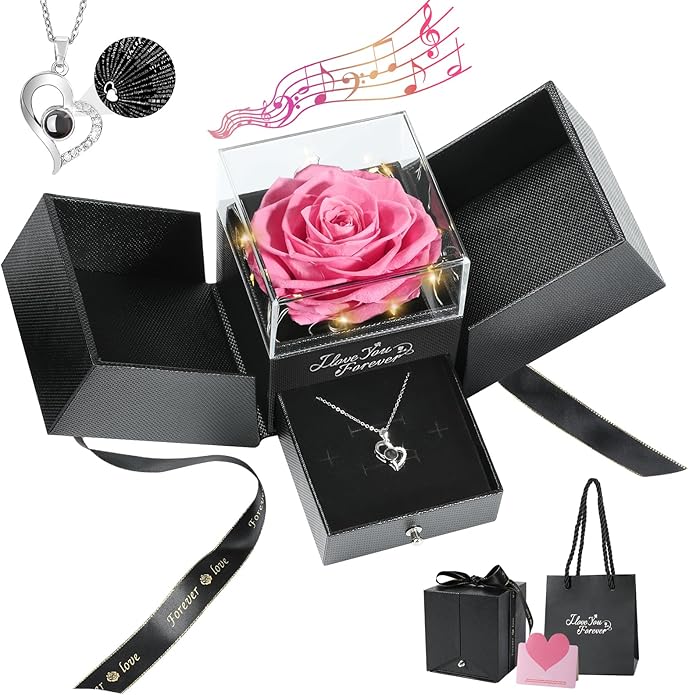 Emibele Preserved Rose Gifts for Women, Eternal Flower Rose Box with Heart Necklace, Romantic I Love You Gifts for Women Her Wife Mom Grandma on Valentines Mothers Day Birthday Anniversary