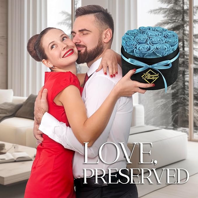 GLAMOUR BOUTIQUE Flowers Forever Gift Box, 12 Real Preserved Roses in Velvet Box, Floral Gift for Her, Mom or Wife for Birthday, Mother’s Day, Anniversary or Graduation, Teal (Color-Treated)