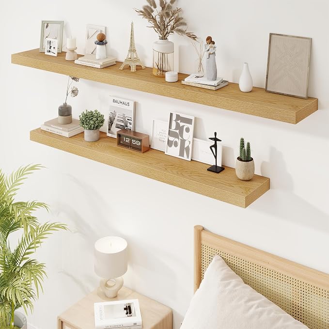 Marsmiles 55in Floating Shelves for Wall, 55" W x 9.25" D x 1.5" H, Long Wall Mounted Engineered Wood Shelves with Invisible Brackets for Living Room, Bedroom, Bathroom, Kitchen, Oak, 2Pcs