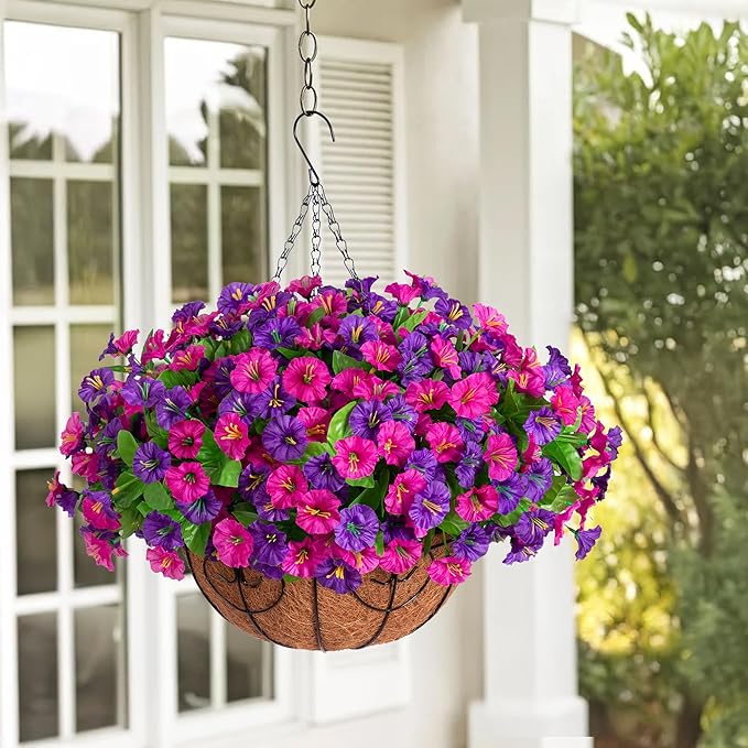 Ammyoo Artificial Fake Hanging Flowers with Basket, Faux Silk Morning Glory Flower Arrangement for Spring Summer Decor, Hanging Plant for Patio Garden Porch Outdoor Decor