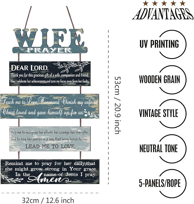 Prayer for Wife Rustic Wall Sign with 5pcs Panels Strung Together - Christian Religious Farmhouse Hallway Family Decor - Sweet Warming Gifts for Women,Couples