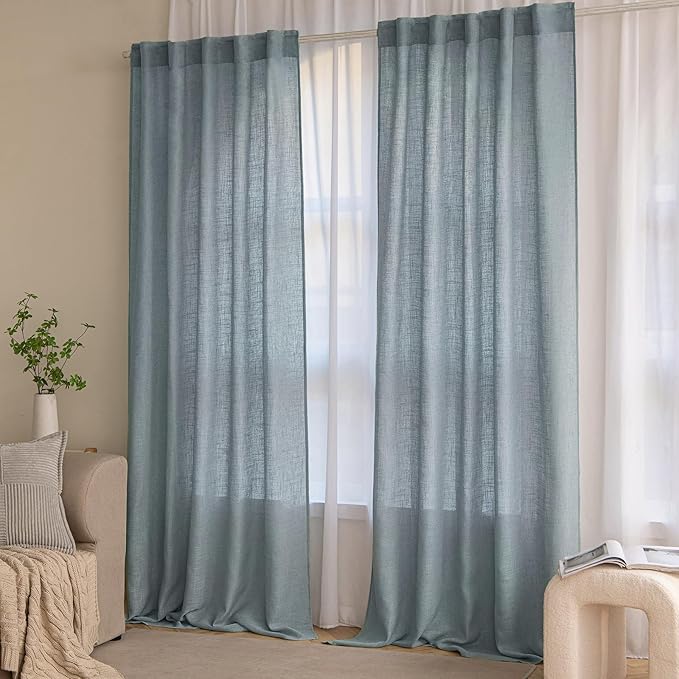 MIULEE Dusty Blue Linen Curtains 84 Inch Length 2 Panels for Bedroom Living Room, Soft Thick Linen Textured Window Drapes Semi Sheer Light Filtering Back Tab Rod Pocket Burlap Look, 37x84 Inches