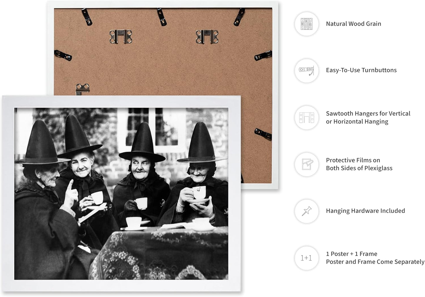 Poster Master Classic Photograph Poster - Vintage Halloween Print - Gift for Artist, Friend - Witches Tea Party, Old Women Smiling, Wearing Robes - Wall Decor for Living Room, 11x14 White Framed