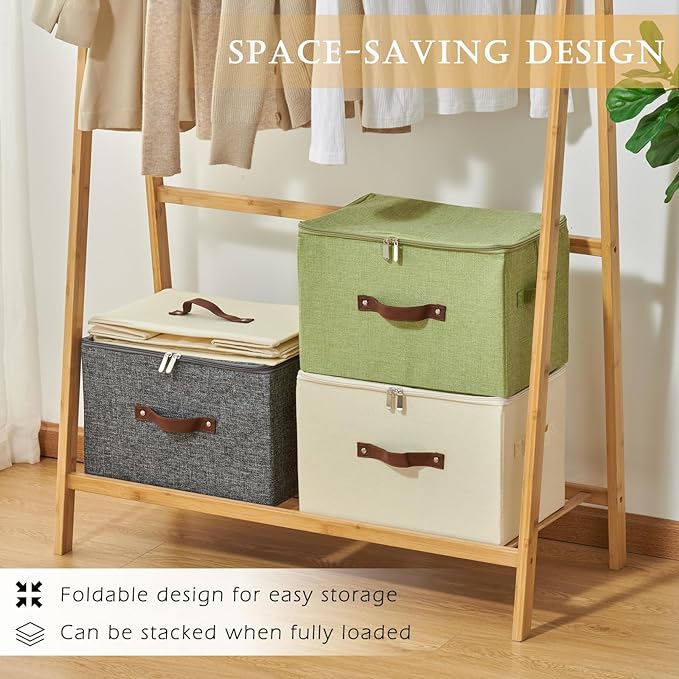 Storage Bins with Zipper Lid Cotton Linen Fabric Lidded Storage Baskets Boxes Foldable Washable Closet Shelf Clothes Organizer Container with PU Leather Handles (Gray, Small Size)