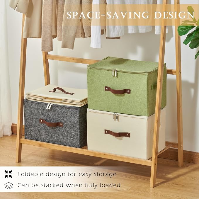 2 Pack Storage Bins with Zipper Lid Cotton Linen Fabric Lidded Storage Baskets Boxes Foldable Washable Closet Shelf Clothes Organizer Container with PU Leather Handles (Gray, Large Size)