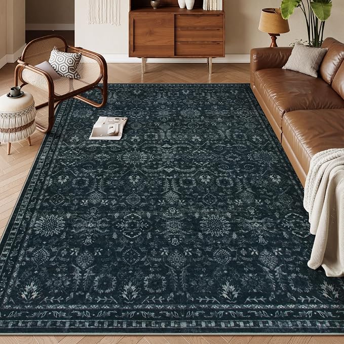 Lahome Black Moody Rug for Bedroom,8x10 Dark Academia Washable Basement Rug | Vintage Non Slip Non Shedding Large Carpet for Living Dining Room
