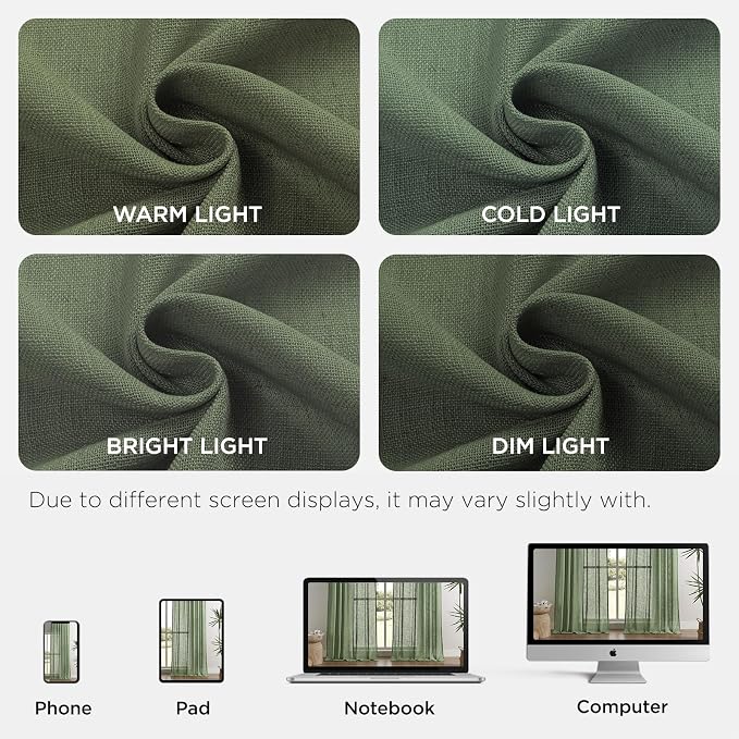 Joydeco Linen Curtains 108 Inch Length 2 Panel Sets,Light Filtering Curtains for Bedroom 52 Inch Wide Living Room Drapes with Back Tabs & Rod Pockets (W52 x L108 Inch, Loden)