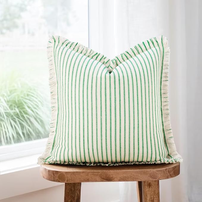 ZWJD Throw Pillow Covers 16x16 Set of 2 Green Striped Pillow Covers with Fringe Chic Cotton Decorative Pillows Square Cushion Covers for Sofa Couch Bed Living Room Farmhouse Spring Decor