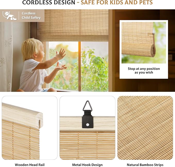LazBlinds Cordless Bamboo Blinds, 27"x72", Carbonized | Bamboo Roll Up Shades for Windows, Light Filtering Hanging Window Blinds, Bamboo Shades for Patio Indoor/Outdoor Porch