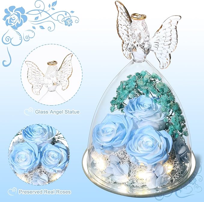 Mothers Day Rose Gifts for Women Preserved Real Flower in Glass Angel Figurines Roses for Delivery Prime Birthday Gifts for Mom Grandma Girlfriend Wife Her, Sky Blue White