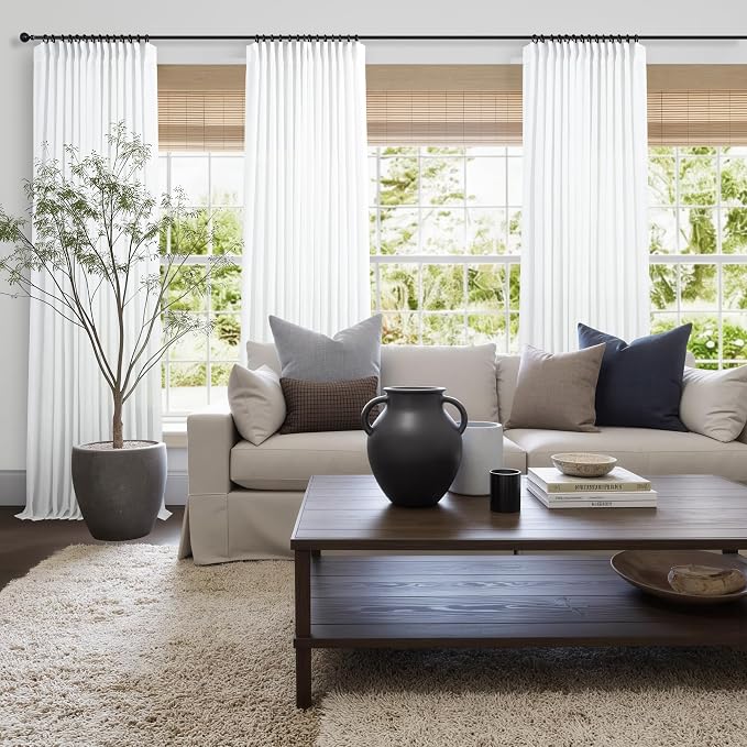 White Linen Pleated Curtains 84 Inches Long for Bedroom Back Tab Light Filtering Sheer Pinch Pleat Drapes Hook Ring Modern Farmhouse Coastal Cotton Textured Gauze Curtain Living Room 84 Length 2 Panel