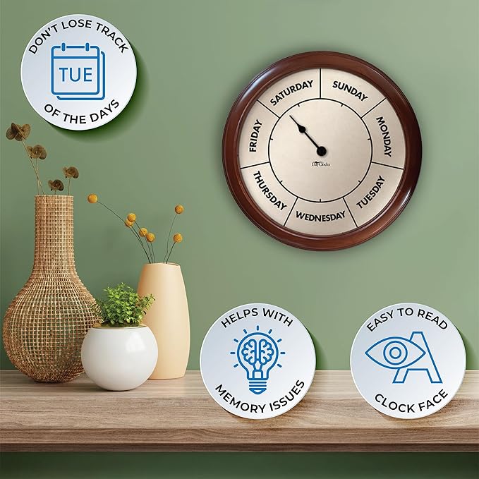 Large Day of The Week Wall Clock with 14” Solid Pine Wood Frame – High Visibility – Ideal Retirement Gift for Men and Women, Day Clock for Seniors and Retirees