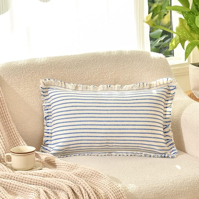 ZWJD Throw Pillow Covers 12x20 Set of 2 Striped Pillow Covers with Fringe Chic Cotton Decorative Pillows Square Cushion Covers for Sofa Couch Bed Living Room Farmhouse Decor, (Blue)
