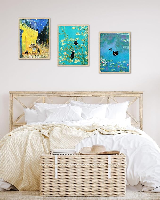 UPWOIGH Van Gogh Inspired Almond Blossom Wall Art with Black Cats, Blue Floral Canvas Print, Beige Oak Wood Framed 12x16 Inch Deco