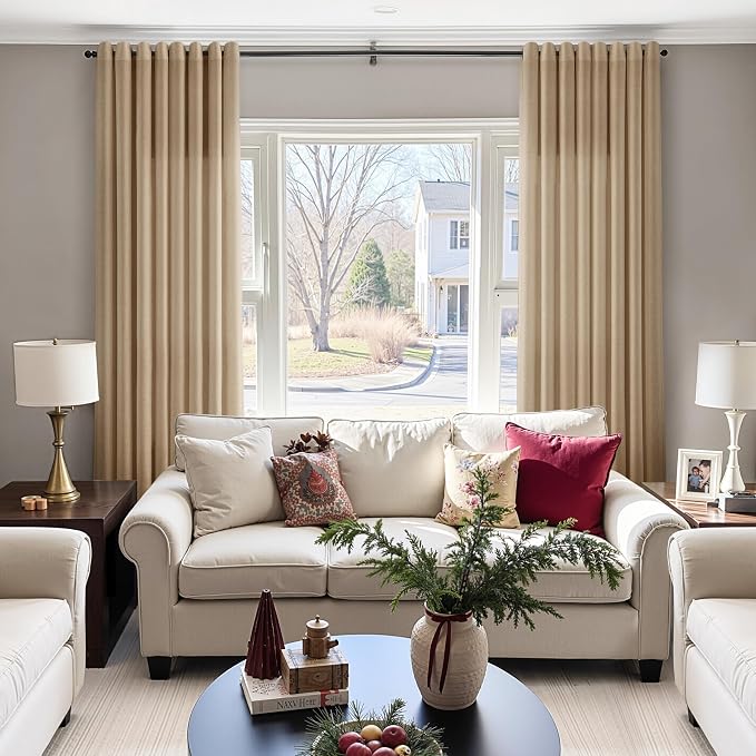 Sand Beige Linen Curtains 102 Inches Length for Living Room Grommet Design Semi Sheer Elegant Drapes for Bedroom Light Filtering Neutral Extra Long Sheer Curtain for Large Window 8FT 52x102, 2 Panel