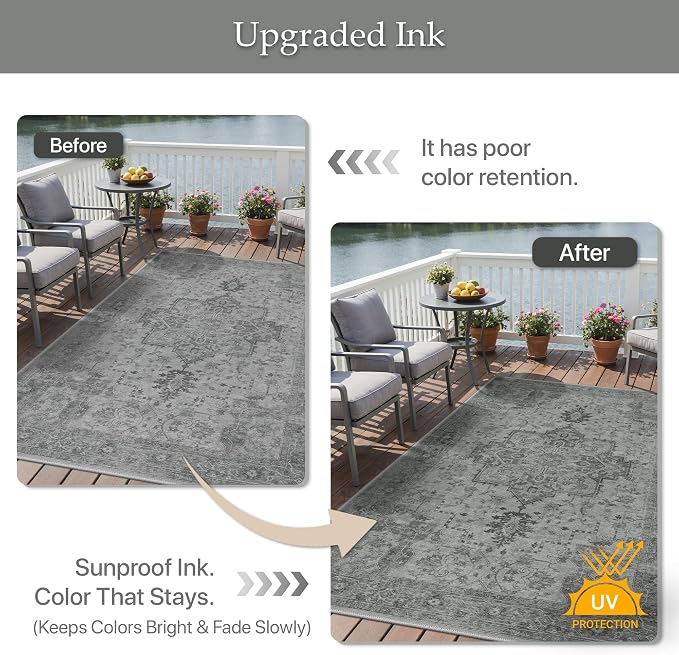 GENIMO Outdoor & Indoor Area Rug 6'x9', Waterproof, Non-Shedding, Easy Cleaning, Boho Mat for Patio, Living Room, Balcony, Dining Room, RV, Deck, Bedroom, Camping, Outside Carpet,Dark Grey
