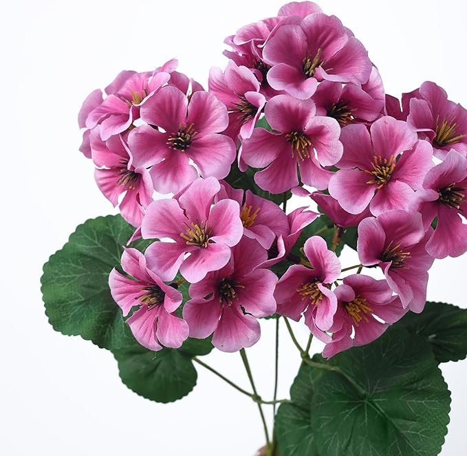 GLIDLION 12 Bundles Artificial Geranium Flowers for Spring Summer Decor, UV-Resistant Fake Plants Realistic Faux Silk Bouquets for Front Door Farmhouse Garden Porch Home Outdoor Decor (Pink)
