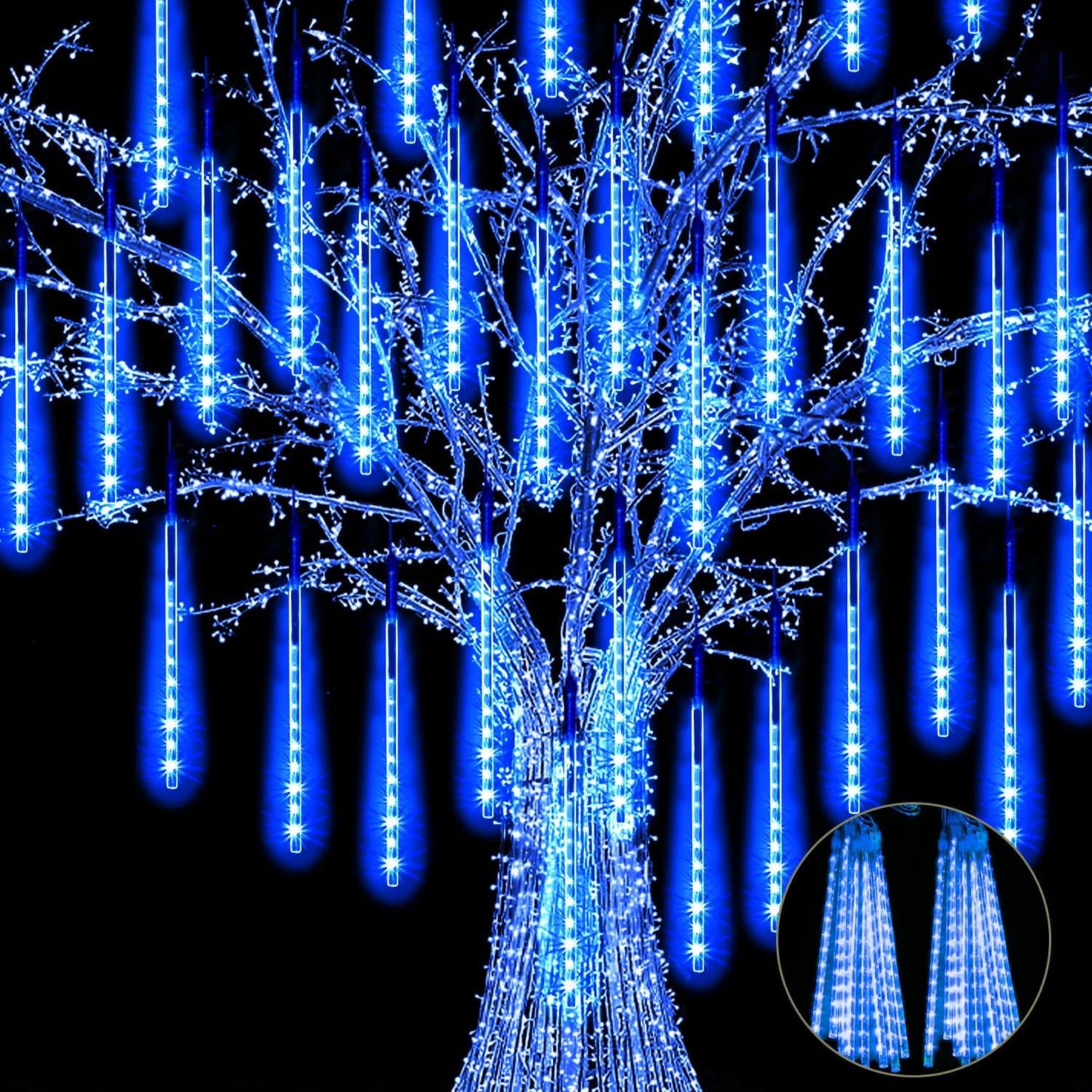 【4 Pack】 JJGoo Christmas Lights Meteor Shower Rain Lights 20inch, Totally 40 Tube 1440 LEDs Icicle Lights Outdoor Raindrop Lights for Xmas Halloween Wedding Party Tree Holiday Decoration, Blue
