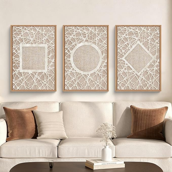 Large Abstract Boho Neutral Shapes Framed Canvas Wall Art,Modern Geometric Circle Square Rhombus Wall Decor,Mid Century Artwork for Living Room,Bedroom,Office-16 x24 x3