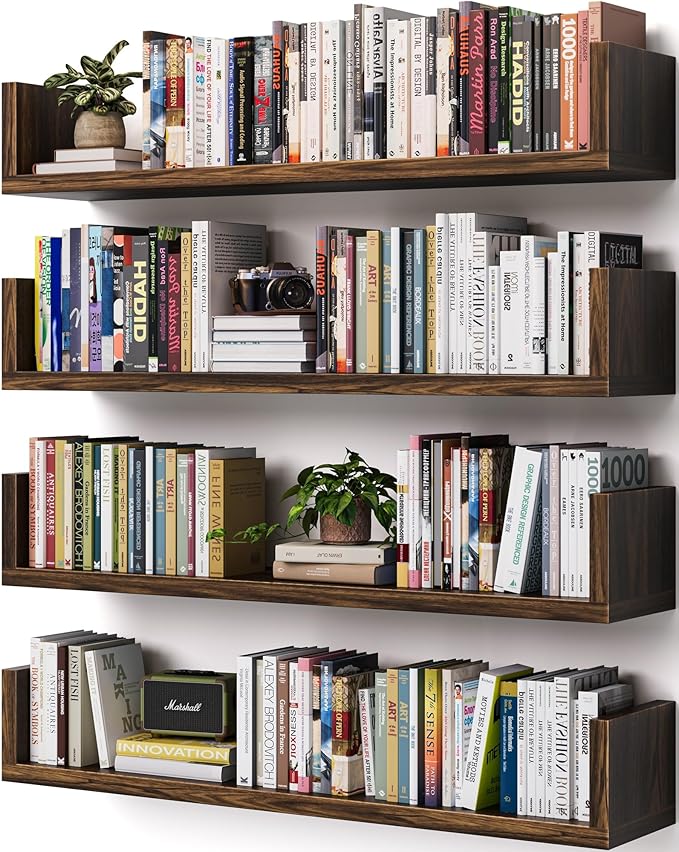 Wall Bookshelf, Set of 4, U Shaped Floating Bookshelf, Hanging Bookshelves for Wall, Wall Mounted Shelves for Living Room Bedroom Office (Brown, 23.6 Inches, 4)