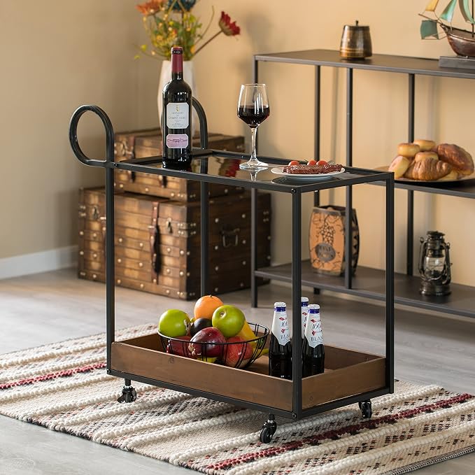 Vintiquewise Metal Bar Cart with Glass Shelves, Rolling Wheels & Handles, Large Modern Brass Mini Bar for Home, Dining, Living Room, Basement, Liquor Table