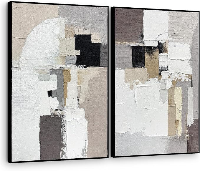 SAFERRYHOME Neutral Abstract Hand Painted Wall Art, 3D Textured Minimalist Framed Canvas Wall Decor, Large Modern Geometric Painting Artwork for Home Office Living Room, 24"x36"x2