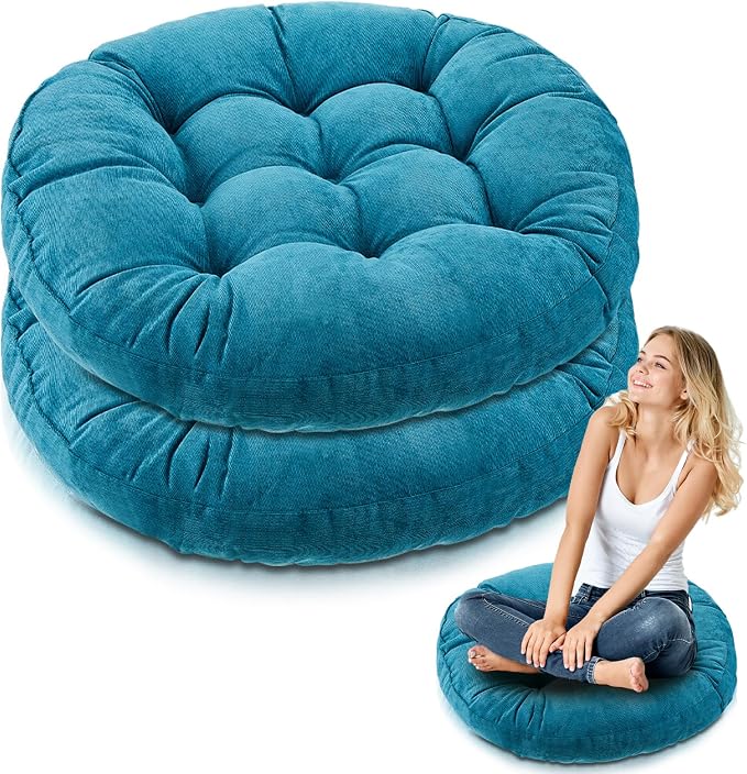Jerify 2 Pcs Floor Pillow Cushions Large Round Square Large Meditation Floor Pillow for Classroom Adult Meditation Picnic Party Seating Learning Daycare School (Round,Aquamarine)