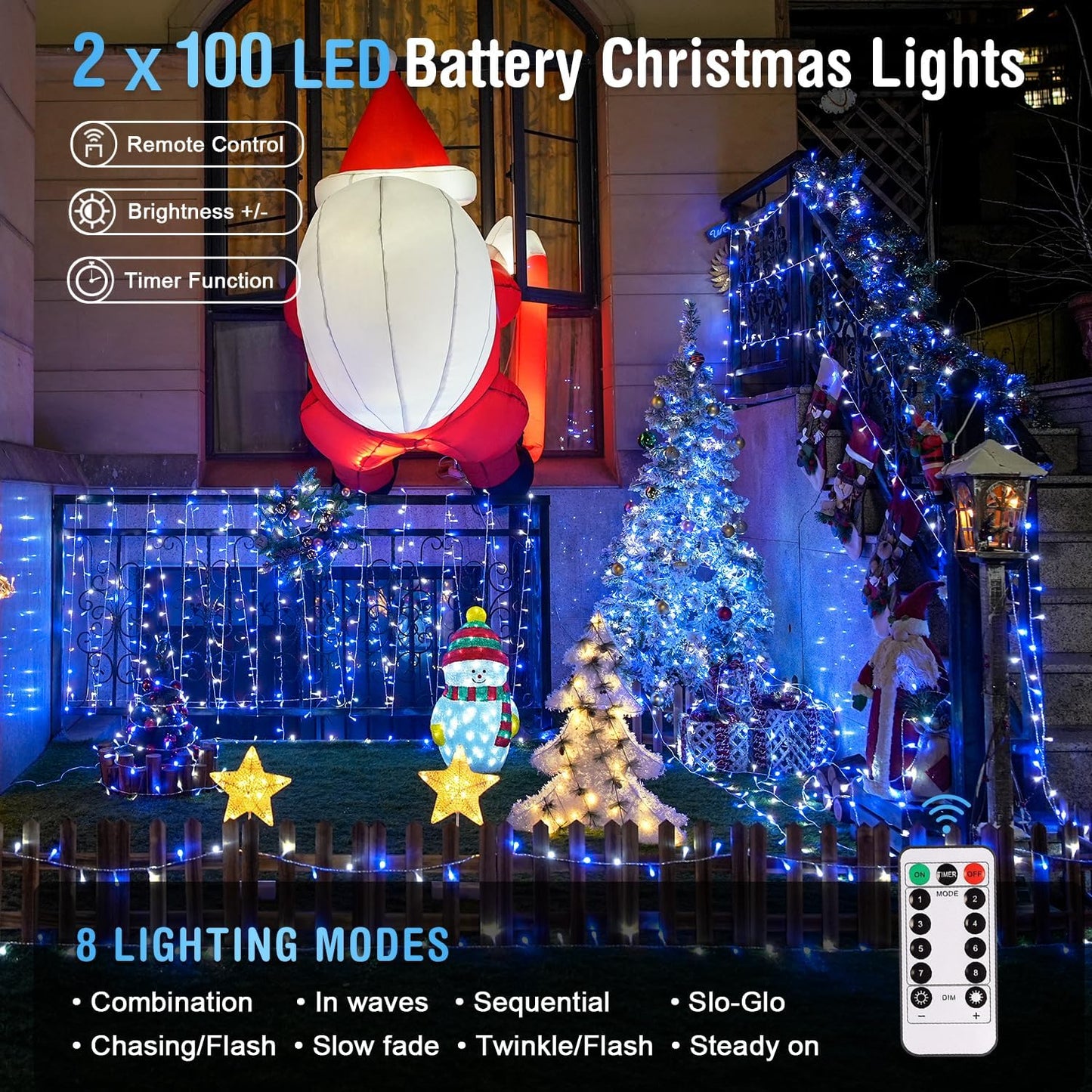 JMEXSUSS 2 Pack Blue and White Battery String Lights, Each 33ft 100 LED Battery Powered Christmas Lights with Remote for Outside Party Birthday
