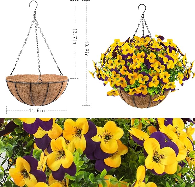 lovemoon 2 Set Artificial Outdoor Pansies Flowers with Hanging Baskets, 2 Hanging Planters with 24 Pcs Silk Pansy Flowers for Spring Easter Decorations Porch Patio Home Decor (2, Purple, Yellow)