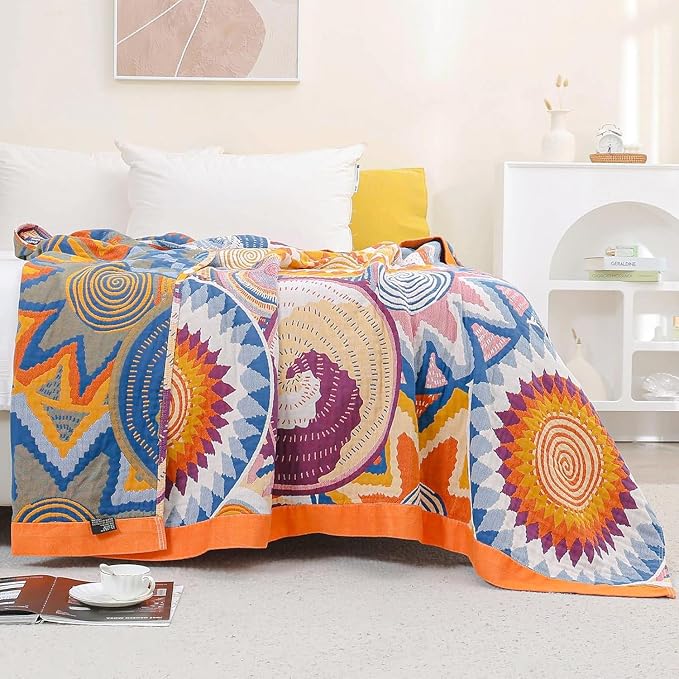90"x108" Extra Large 4-Layer Gauze Summer Quilt for King Size Bed,100% Cotton Muslin Blankets for Adults,Reversible Boho Throw Blanket for Couch Bed Sofa Home Decor with Embroider Sun