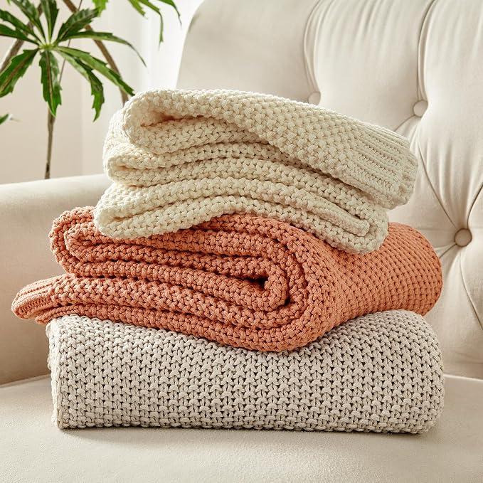 Joydeco Chunky Cable Knit Throw Blanket, Lightweight 100% Cotton Soft Cozy Throw Twin Blanket for Couch Bed and Sofa, Rustic Breathable Farmhouse Blanket Gift for Women Men(Cream White, 60"x80")