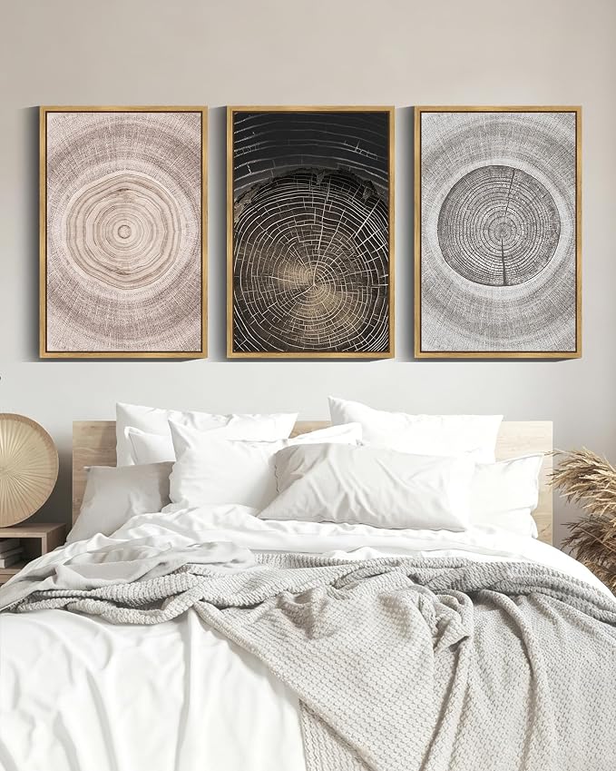 PHOPAGO Vintage Wood Tree Rings Wall Art 24x36in Farmhouse Rustic Framed Canvas Paintings Living Room Bedroom Decor Nature Artwork Natural Framed