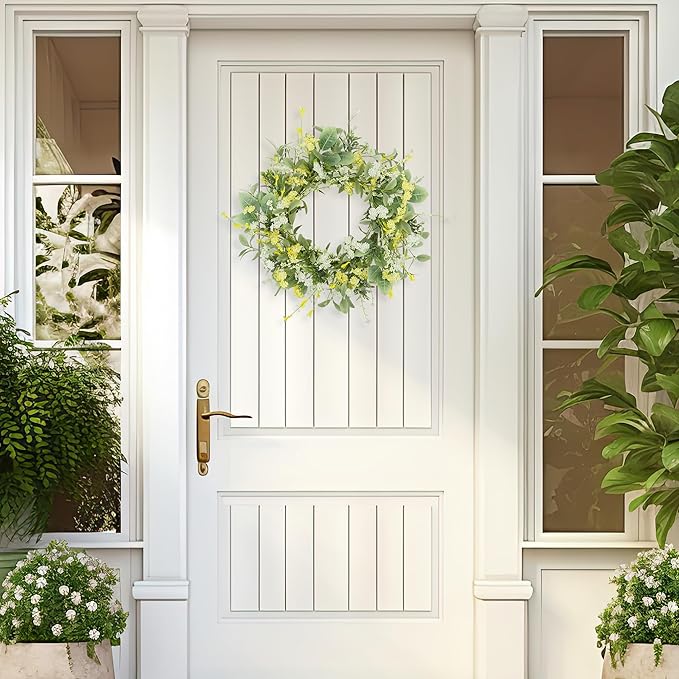 YNYLCHMX 18" Spring Summer Wreaths for Front Door, Artificial Floral Wreath with Yellow White Daisy & Green Eucalyptus Leaves, Green Foliage Wreath for Wall Window Farmhouse Party Holiday Home Decor