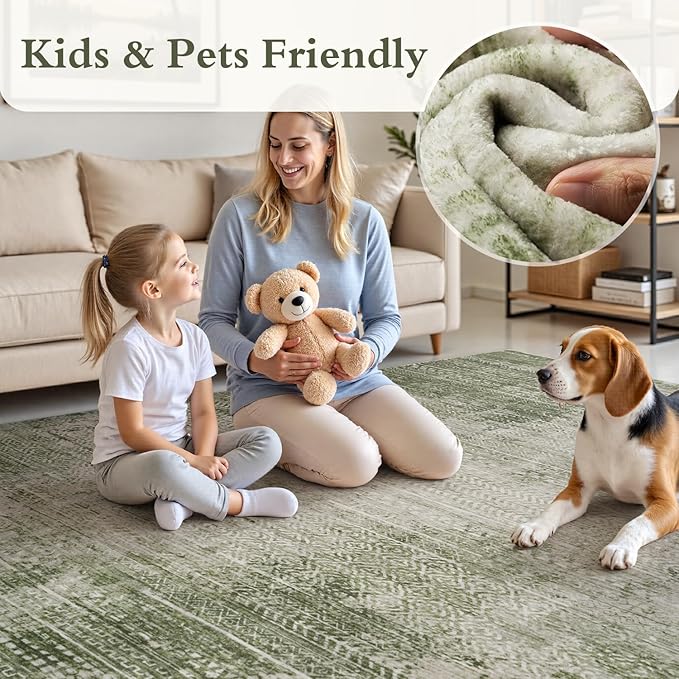 8x10 Area Rugs for Living Room Non Slip Machine Washable Rug Distressed Abstract Soft Indoor Carpet Neutral Boho Rug for Bedroom Dining Room Playroom Office, Green