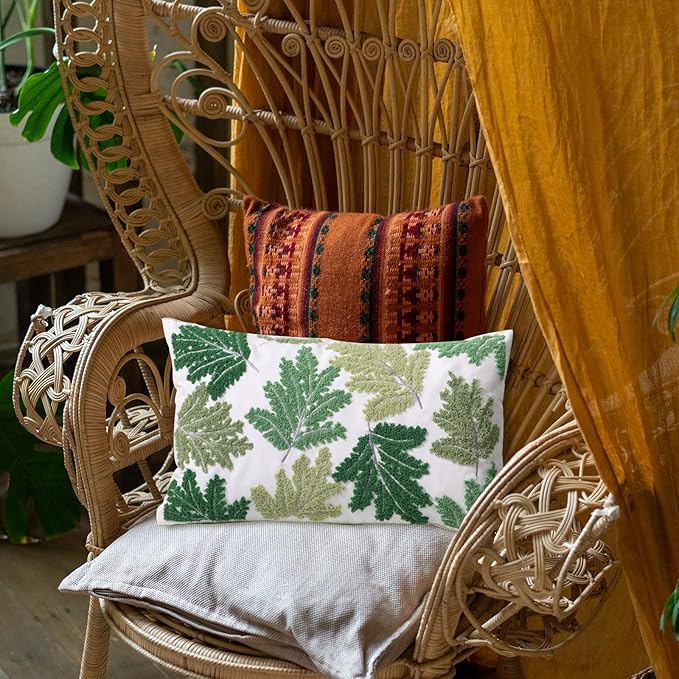 Set of 2 Embroidered Decorative Throw Pillow Covers Couch Square Pillowcases Cushion for Bedroom Sofa Farmhouse Decor 18x18 Inch (Green Maple Leaf-Lumbar)