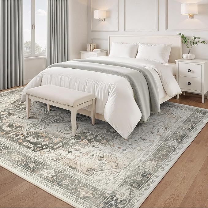Rugflix 3x5 Area Rugs for Living Room, Machine Washable Rug Non Slip Stain Resistance, Small Rug Vintage Distressed Soft Carpet for Bedroom, Dining Room, Home Office, Beige Grey